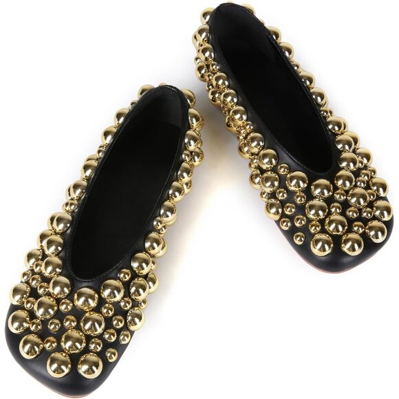 Women's Black Ballet Flats Mesh Gold Pearl Dress Shoes Work Party Everyday - Picture 3 of 7